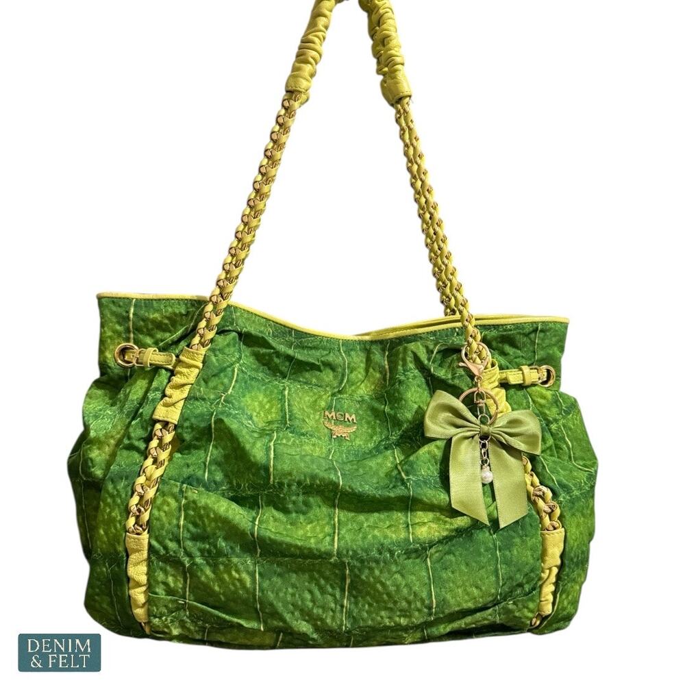 MCM Green Leather Shoulder Bag Gold Chain Handles Vintage Rare Purse Tote - Picture 2 of 16